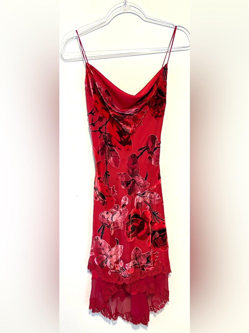 Vintage 90s y2k Betsey Johnson red velvet burnout rose lace dress - Picture 4 of 8